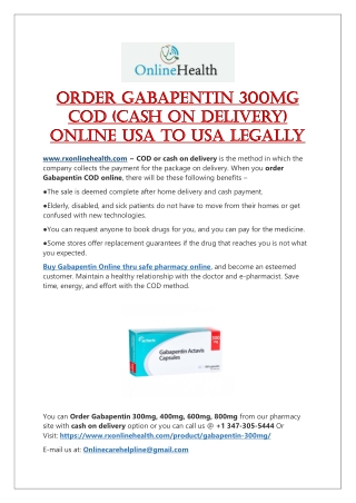 Order Gabapentin 300mg COD (Cash on Delivery) Online USA to USA Legally