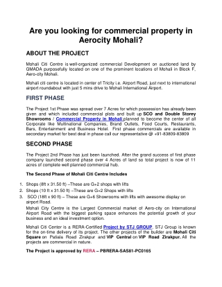 Are you looking for commercial property in Aerocity Mohali