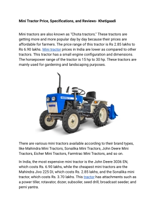 Mini Tractors Price, Specifications, and Reviews- Khetigaadi
