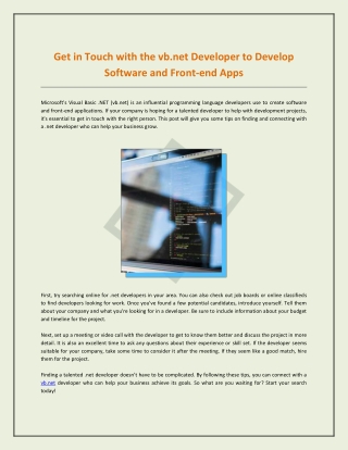Get in Touch with the vb.net Developer to Develop Software and Front-end Apps