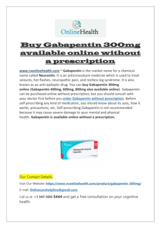 Buy Gabapentin 300mg available online without a prescription