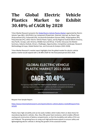 The Global Electric Vehicle Plastics Market to Exhibit 30.48% of CAGR by 2028