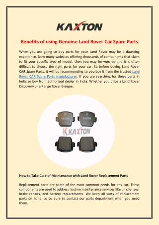 Benefits of using Genuine Land Rover Car Spare Parts