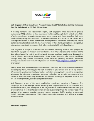 Volt Singapore Offers Recruitment Process Outsourcing (RPO) Solutions to Help Businesses Find the Right People to Fill T