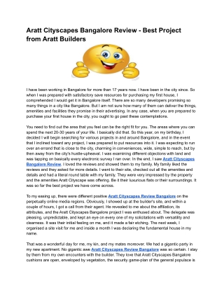 Aratt Cityscapes Bangalore Review - Best Project from Aratt Builders