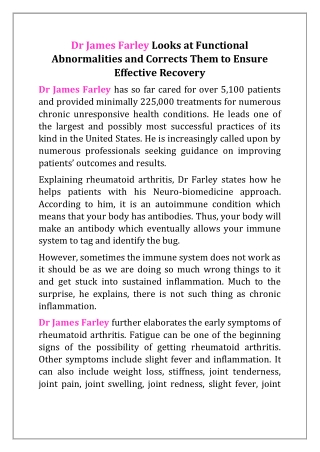 Dr James Farley Looks at Functional Abnormalities and Corrects Them to Ensure Effective Recovery