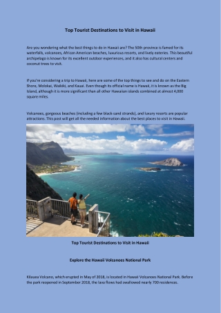 Top Tourist Destinations to Visit in Hawaii