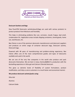 Buy Desiccant Sachets, Bags and Containers India - Bee Chems