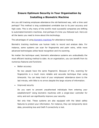 Ensure Optimum Security in Your Organisation by Installing a Biometric Machine