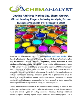 Global Coating Additives Market Size, Share & Forecast, 2030 | ChemAnalyst