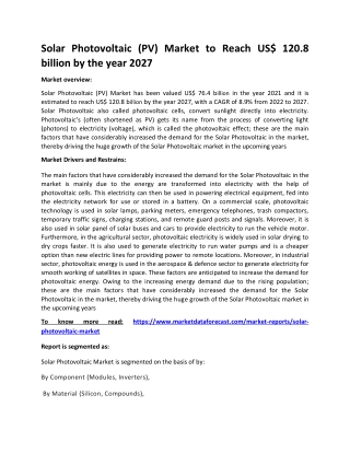 Solar Photovoltaic (PV) Market to Reach US$ 120.8 billion by the year 2027