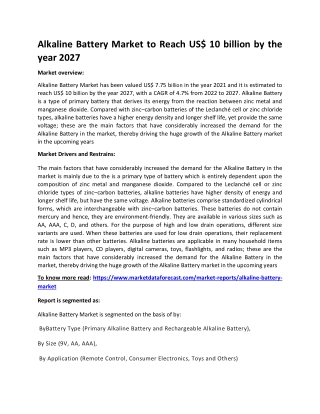 Alkaline Battery Market to Reach US$ 10 billion by the year 2027