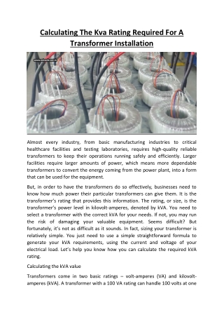 Calculating The Kva Rating Required For A Transformer Installation