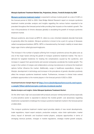 Morquio Syndrome Treatment Market Size, Projections, Drivers, Trends & Analysis by 2029