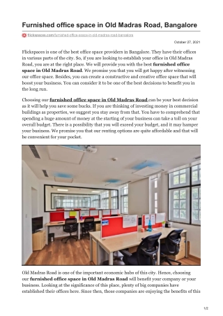 Furnished Office Space in Old Madras Road Bangalore!