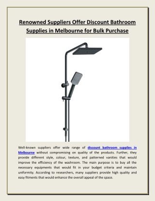 Renowned Suppliers Offer Discount Bathroom Supplies in Melbourne for Bulk Purchase