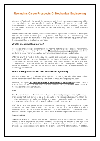 Rewarding Career Prospects Of Mechanical Engineering