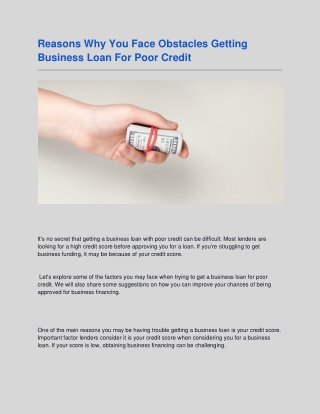 Reasons Why You Face Obstacles Getting Business Loan For Poor Credit
