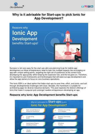 Why is it advisable for Start-ups to pick Ionic for App Development