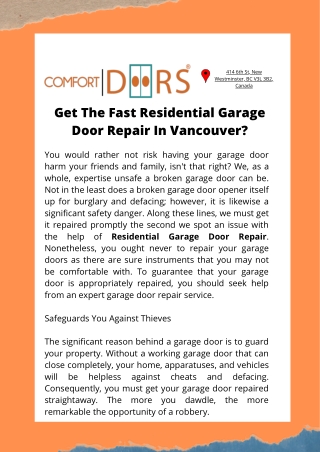 Get The Fast Residential Garage Door Repair In Vancouver