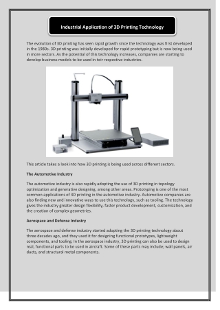 Industrial Application of 3D Printing Technology