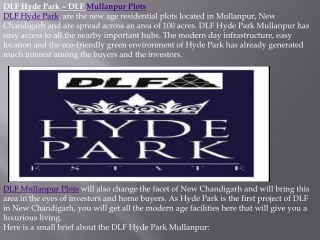 Mullanpur Plots, DLF Hyde Park Chandigarh- 91-8130491122
