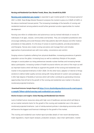 Nursing and Residential Care Market Trends, Share, Size, Growth & by 2028