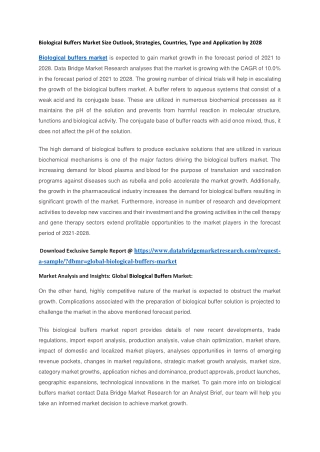 Biological Buffers Market Size Outlook, Strategies, Countries, Type and Application by 2028