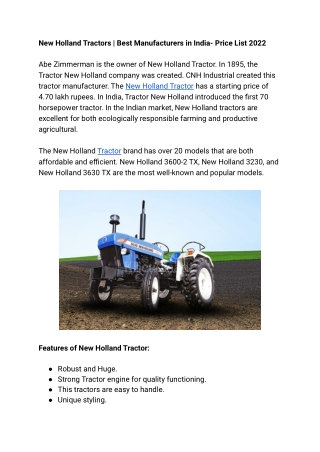 New Holland Tractors | Best Manufacturers in India- Price List 2022