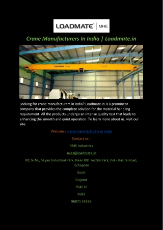 Crane Manufacturers In India | Loadmate.in