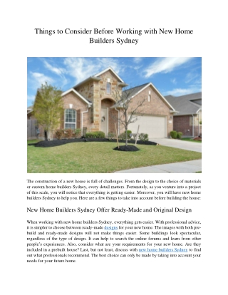 Things to Consider Before Working with New Home Builders Sydney