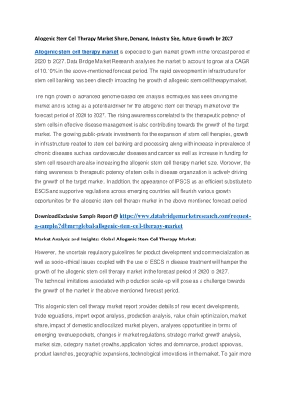 Allogenic Stem Cell Therapy Market Share, Demand, Industry Size, Future Growth by 2027