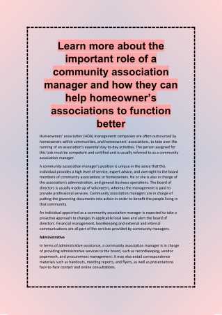 Learn more about the important role of a community association manager and how they can help homeowner’s associations to