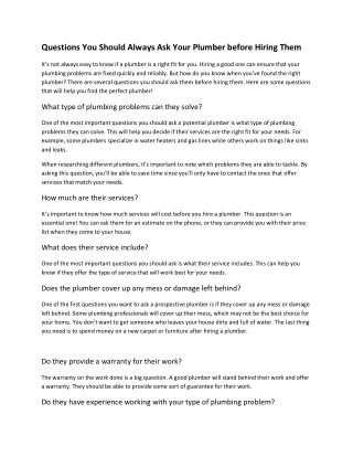 Questions You Should Always Ask Your Plumber before Hiring Them