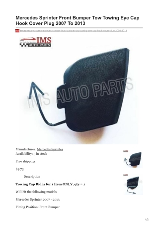 imsautoparts.com-Mercedes Sprinter Front Bumper Tow Towing Eye Cap Hook Cover Plug 2007 To 2013
