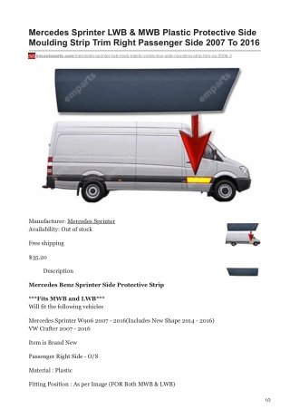 imsautoparts.com-Mercedes Sprinter LWB amp MWB Plastic Protective Side Moulding Strip Trim Right Passenger Side 2007 T