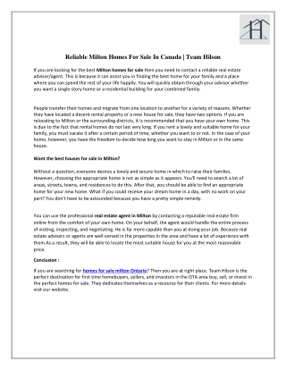 Reliable Milton Homes For Sale In Canada | Team Hilson
