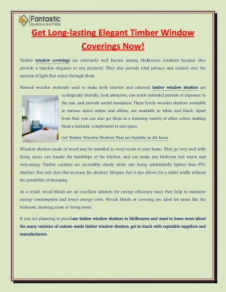 Get Long-lasting Elegant Timber Window Coverings Now!