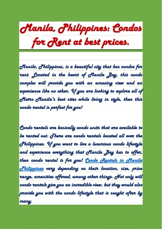 Manila, Philippines Condos for Rent at Best Prices.