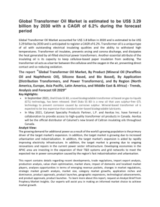 Global Transformer Oil Market is estimated to be US