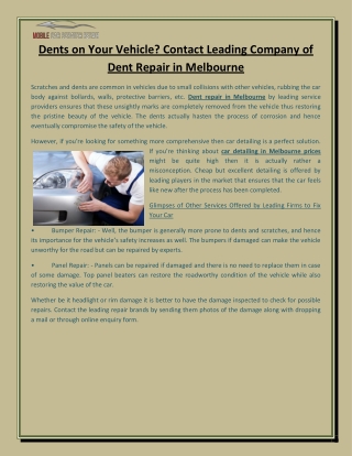 Dents on Your Vehicle  Contact Leading Company of Dent Repair in Melbourne