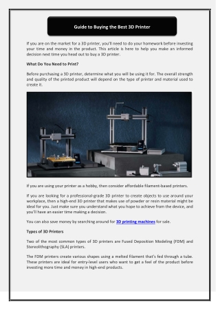 Guide to Buying the Best 3D Printer