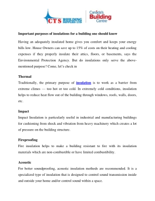 Important purposes of insulations for a building one should know