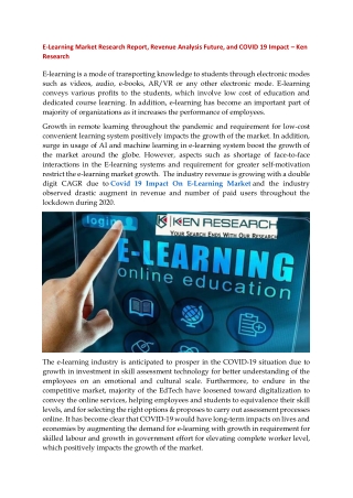 E-Learning Market Research Report, Revenue Analysis Future, and COVID 19 Impact:
