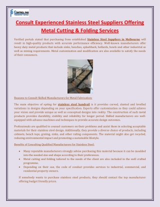 Consult Experienced Stainless Steel Suppliers Offering Metal Cutting & Folding Services