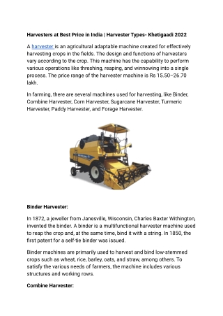 Harvesters at Best Price in India | Harvester Types- Khetigaadi 2022