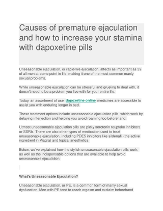 Causes of premature ejaculation and how to increase your stamina with dapoxetine pills