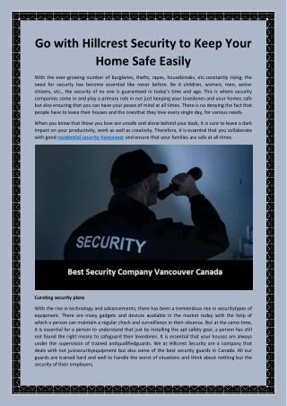 Go with Hillcrest Security to Keep Your Home Safe Easily