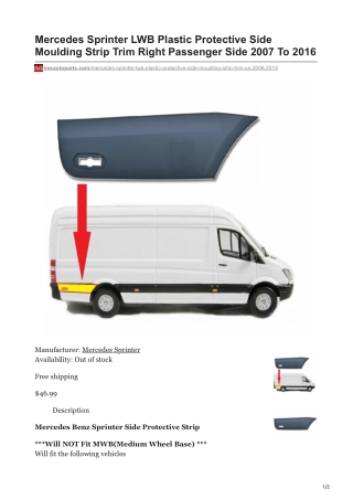 imsautoparts.com-Mercedes Sprinter LWB Plastic Protective Side Moulding Strip Trim Right Passenger Side 2007 To 2016