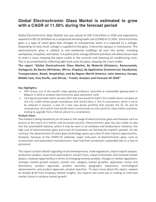 Global Electrochromic Glass Market is estimated to grow with a CAGR of 11
